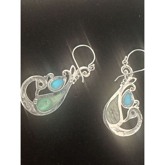 925 Sterling Silver Turquoise Gemstone Peacock Earrings 1.40 Cttw - Picture 3 of 5